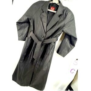 VTG Maurices Trench Coat Medium Women Oversize Leather Belted Black Full Length